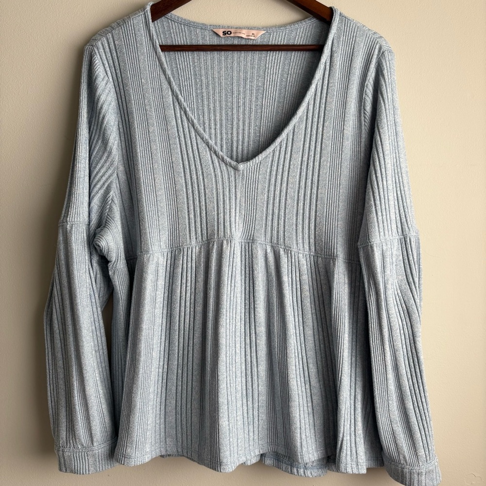 SO Gray Ribbed Babydoll Top Long Sleeve Peplum Knit XL